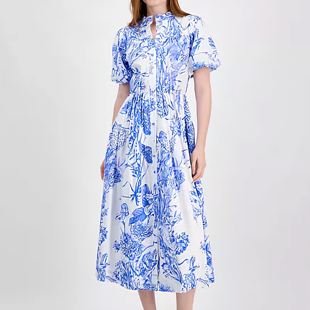 T Tahari Puff Sleeve Button Front Midi Floral Blue Dress Womens Size XL NWT